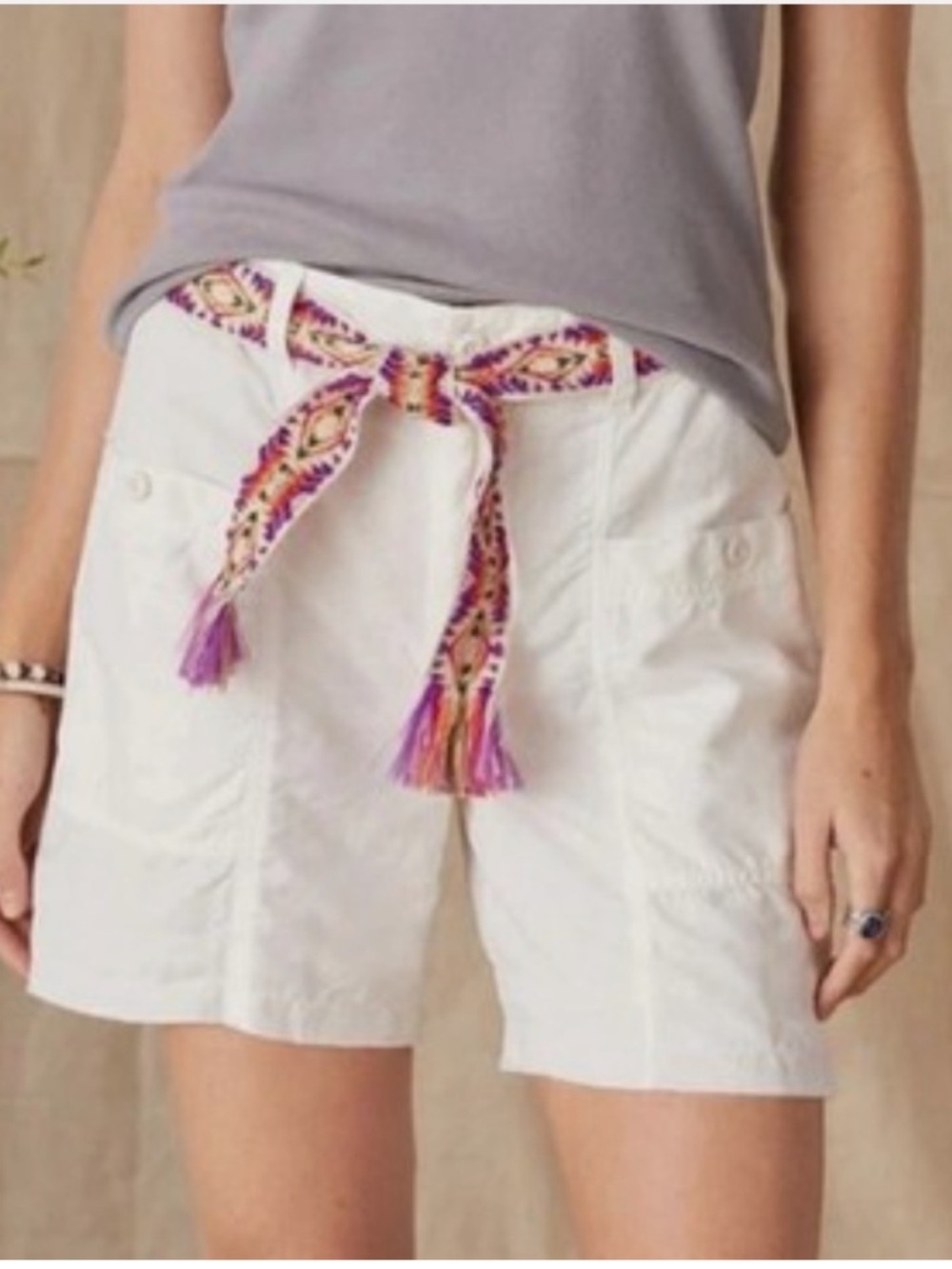 SUNDANCE Maren Shorts. Boho Coastal Embroidered Belt. White. Large